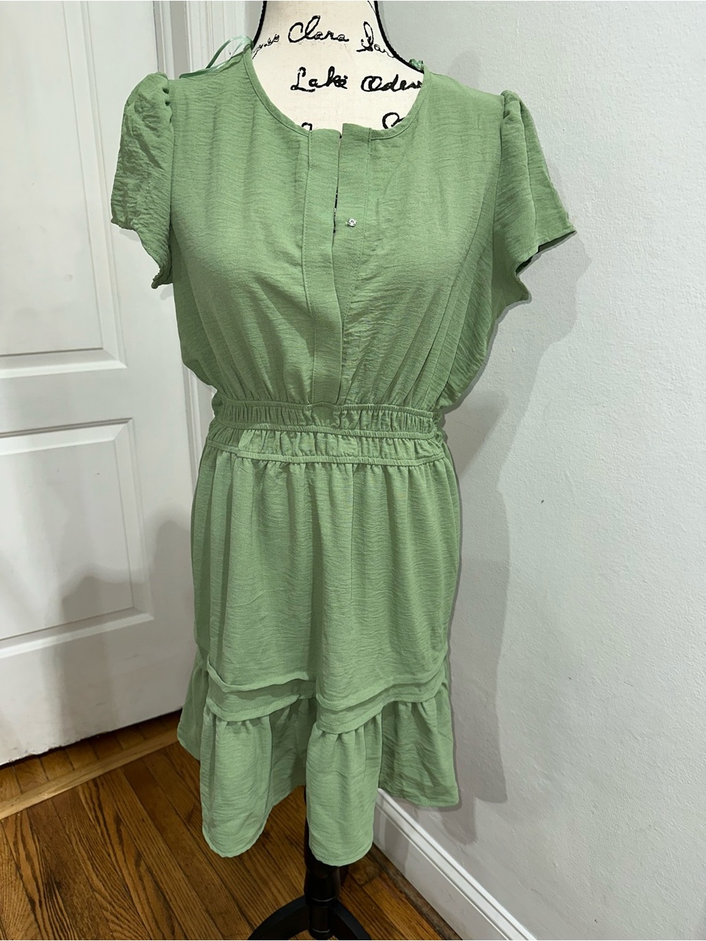 Fashion Nova Sage Green Short Sleeve Tiered Waist Dress